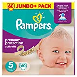 Pampers Pañales de ajuste activo de tamaño 5, 60 unidades, paquete JUMBO, canales de...